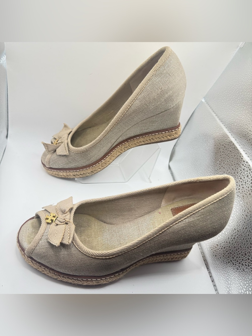 Tory Burch Tan Linen Wedge Espadrilles with Bow and Gold Logo